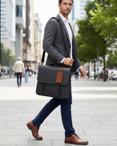 Urban Command Black Leather Messenger Bag – Modern Professional Crossbody with Cognac Accent